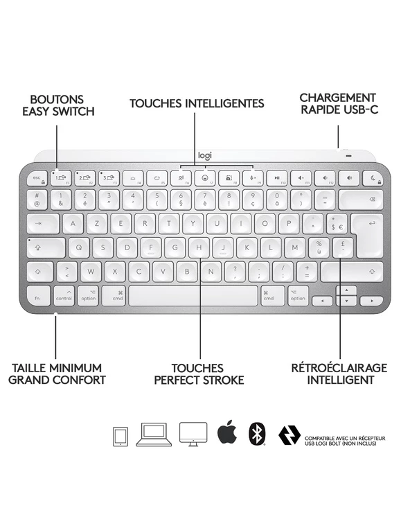 Bon marché 🎉 Logitech MX Keys Mini For Mac Minimalist Wireless Illuminated Keyboard Clavier Bluetooth AZERTY Français Gris 🔥 – Image 6